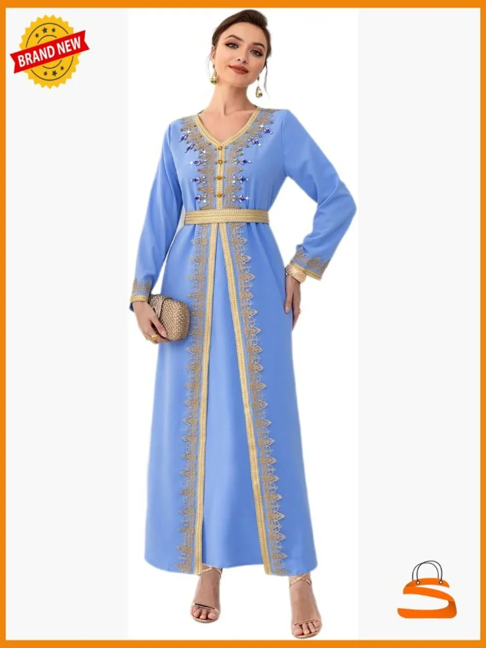Lace Maxi Dress V-Neck Long Sleeve Kaftan Ankle Length Loose Fit Wedding Guest - Picture 1 of 6